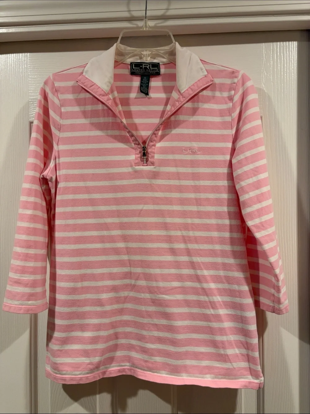 Ralph Lauren Pink Striped  3/4 Sleeve Polo Top like new size M - Picture 3 of 5
